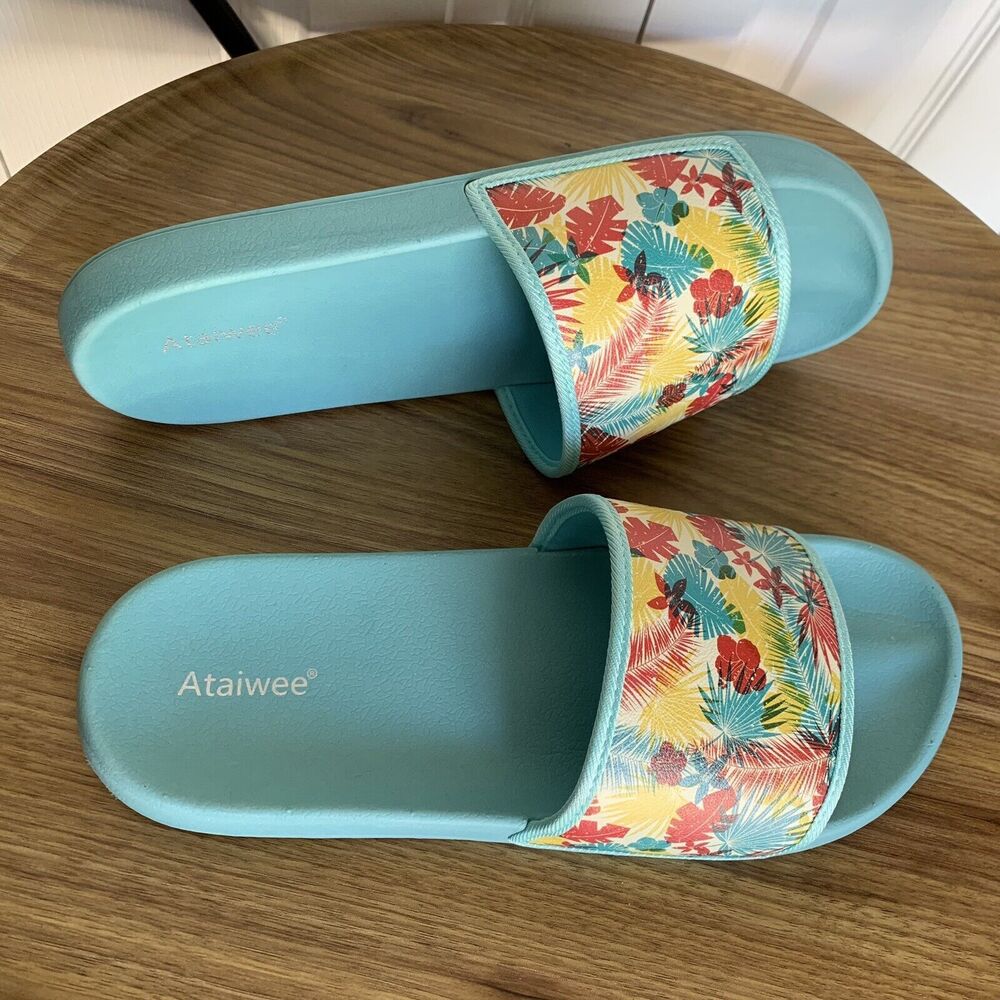 NEW Beach Slides Sandals Size 10 Sunset Palm Tree Blue Slip On Comfort Unisex - Picture 4 of 16